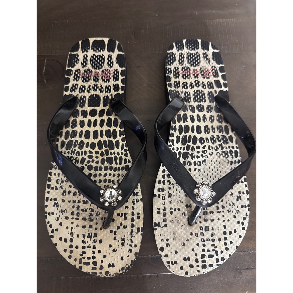 Brighton Black White Animal Print Flip Flops Rhinestone Sandals Size 7-8